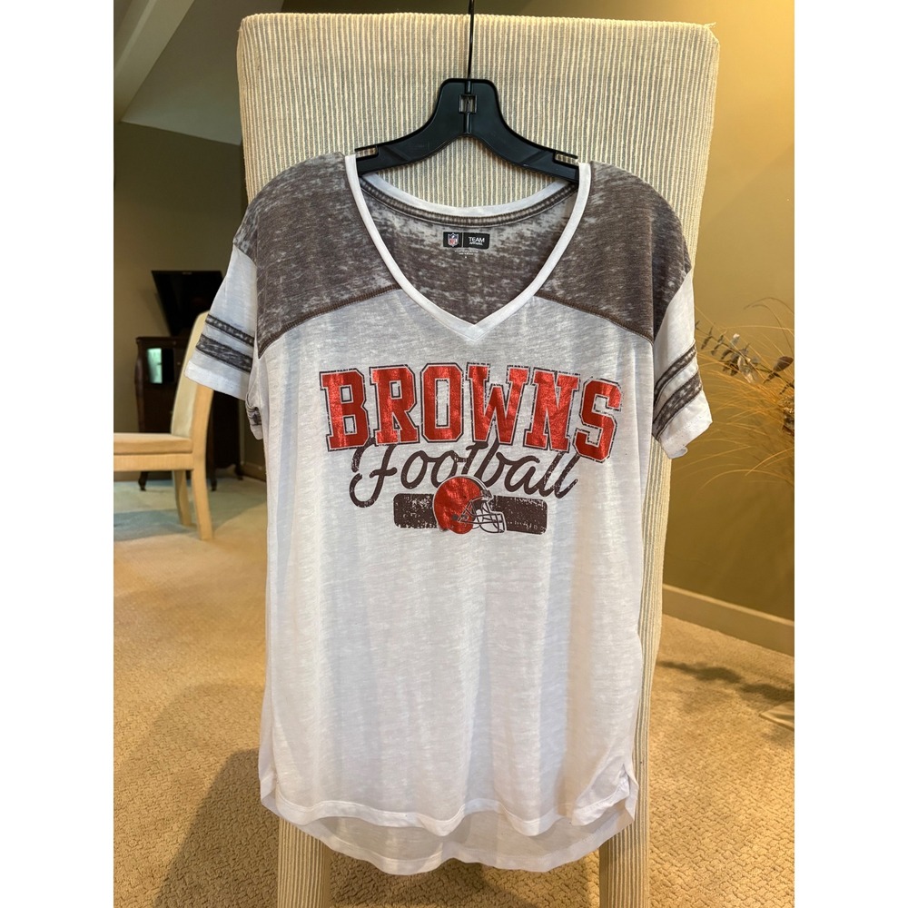 NFL Team Apparel Cleveland Browns Women Medium White Grey V-Neck Burnout T-Shirt